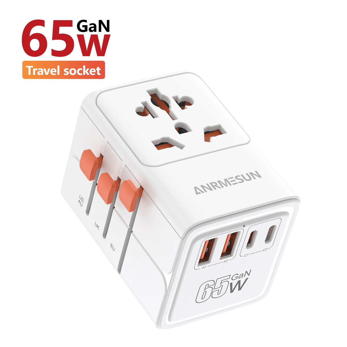 Universal International Travel Adapter – 1 AC Outlet, 2 USB-C & 2 USB-A Charging Ports