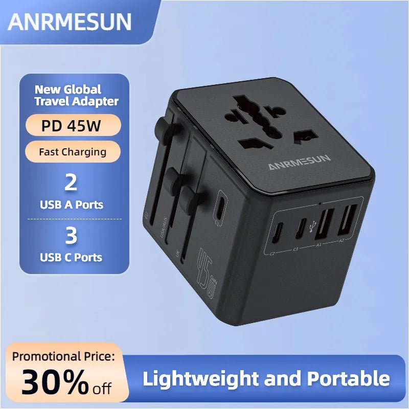 Universal International Travel Adapter – 1 AC Outlet, 2 USB-C & 2 USB-A Charging Ports