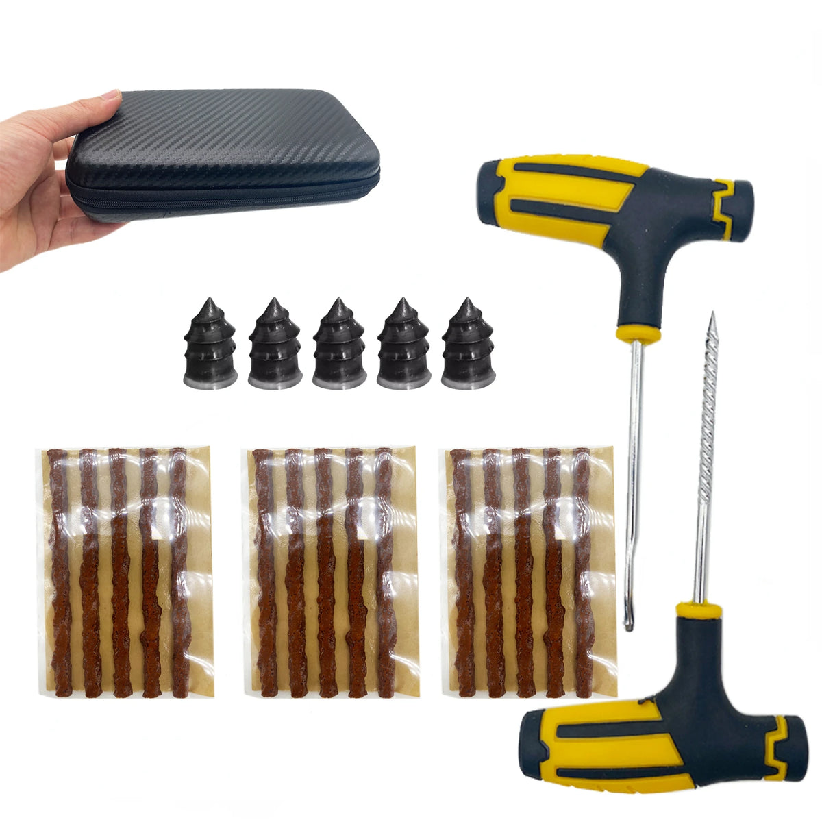 Emergency Tubeless Tire Repair Kit With T-Handle Plug Tools, Repair Strips & Storage Case
