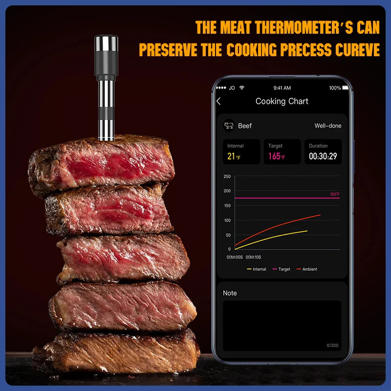 Smart Wireless Meat Thermometer with Bluetooth – Ultra-Thin 5mm Probe & Large LCD Display for BBQ, Grill & Oven