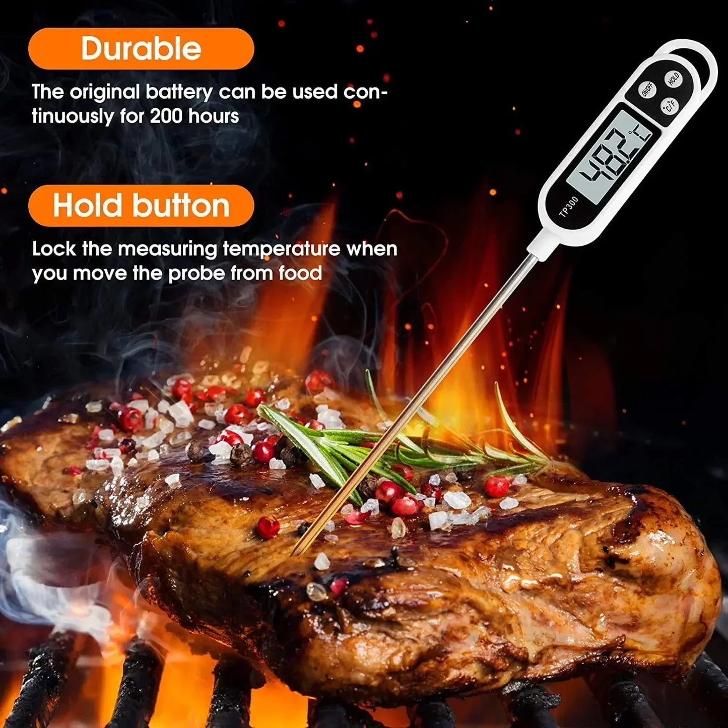 Digital Meat Thermometer with LCD Display – Instant Read Food Temperature Probe for BBQ, Grill & Oven