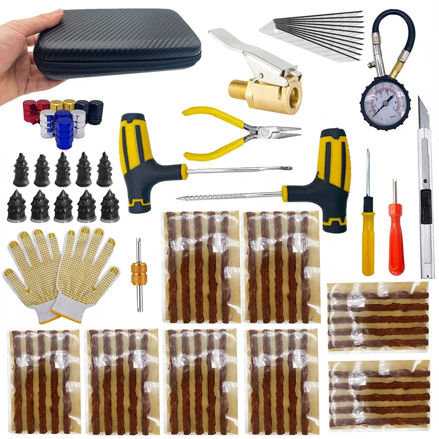 Emergency Tubeless Tire Repair Kit With T-Handle Plug Tools, Repair Strips & Storage Case