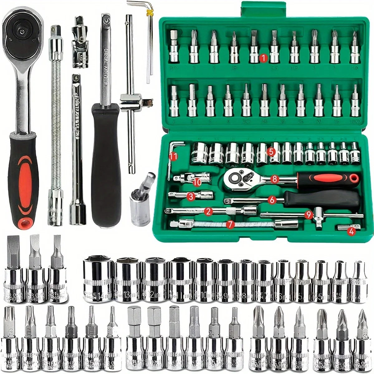 46PCS Socket Wrench Tool Set – 1/4" Ratchet Metric & Hex Bit Kit for Auto Repair & Home Use
