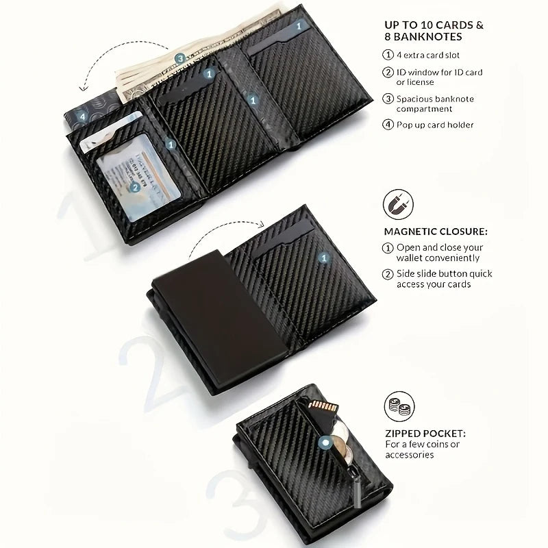 Pop-Up Card Holder Wallet With Zipper Coin Pocket – Slim RFID-Blocking Wallet