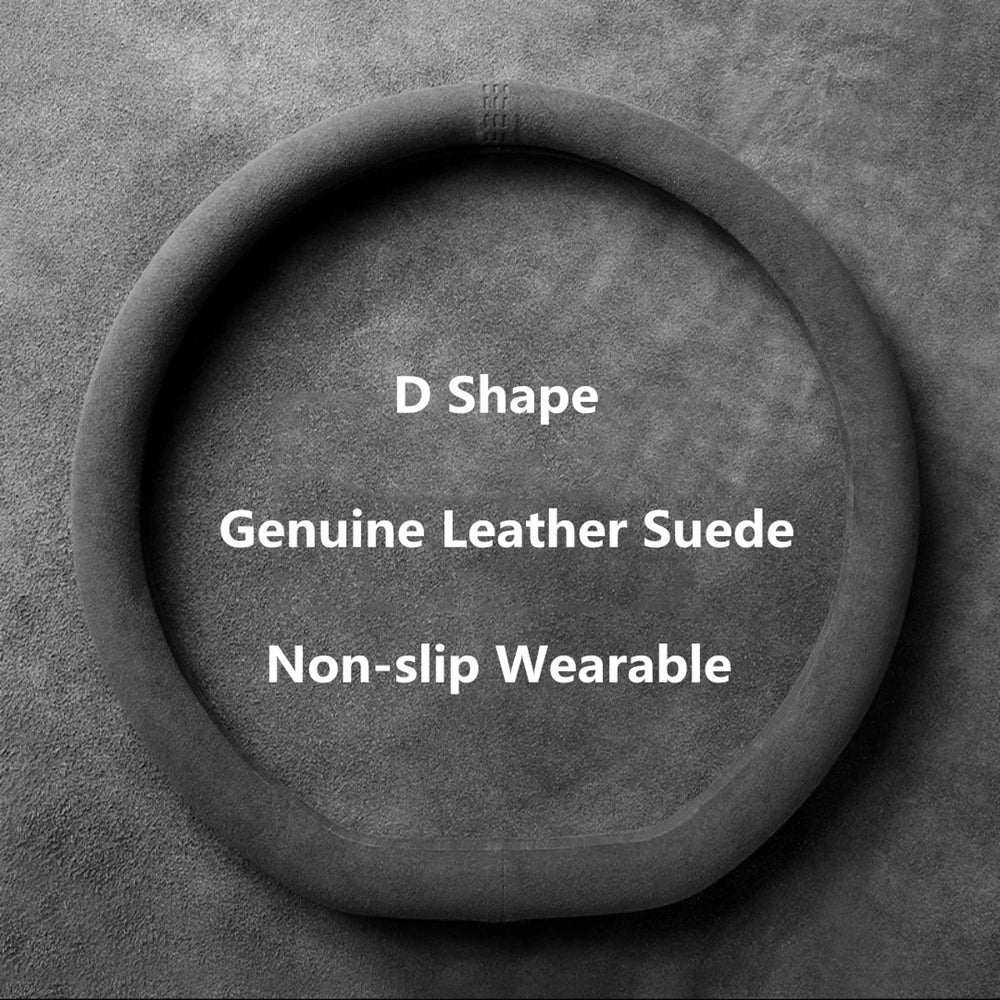 Cowhide Suede Steering Wheel Cover – Top Layer Leather Wrap Universal 37–38cm Non-Slip & Breathable