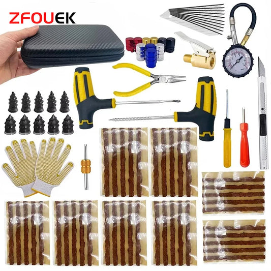 Emergency Tubeless Tire Repair Kit With T-Handle Plug Tools, Repair Strips & Storage Case