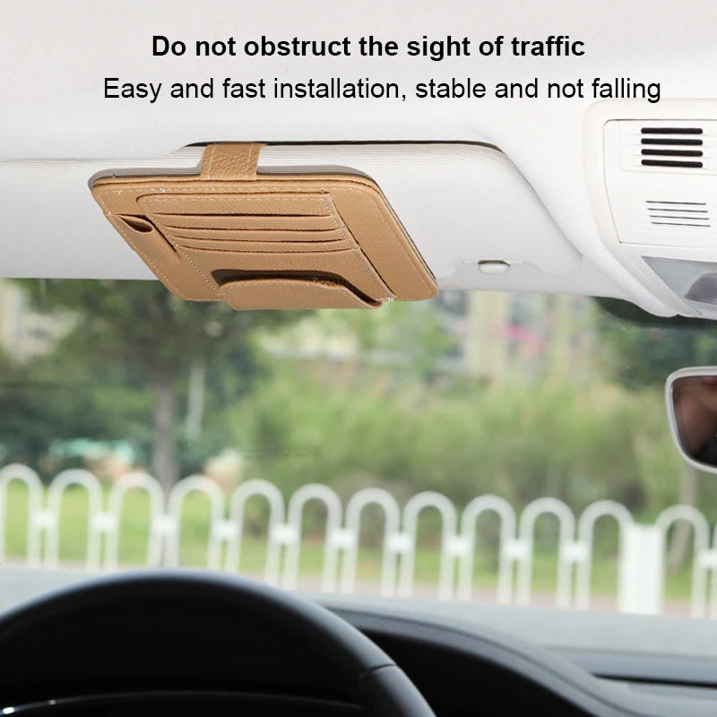 Car Sun Visor Storage Organizer – PU Leather Sunglasses Holder & Card Clip (12.5x15cm)