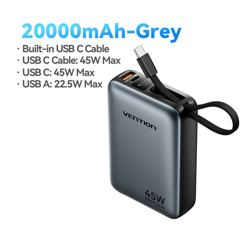 Vention 20,000mAh 45W Power Bank With Built-In USB-C Cable – PD 3.0 Fast Charger