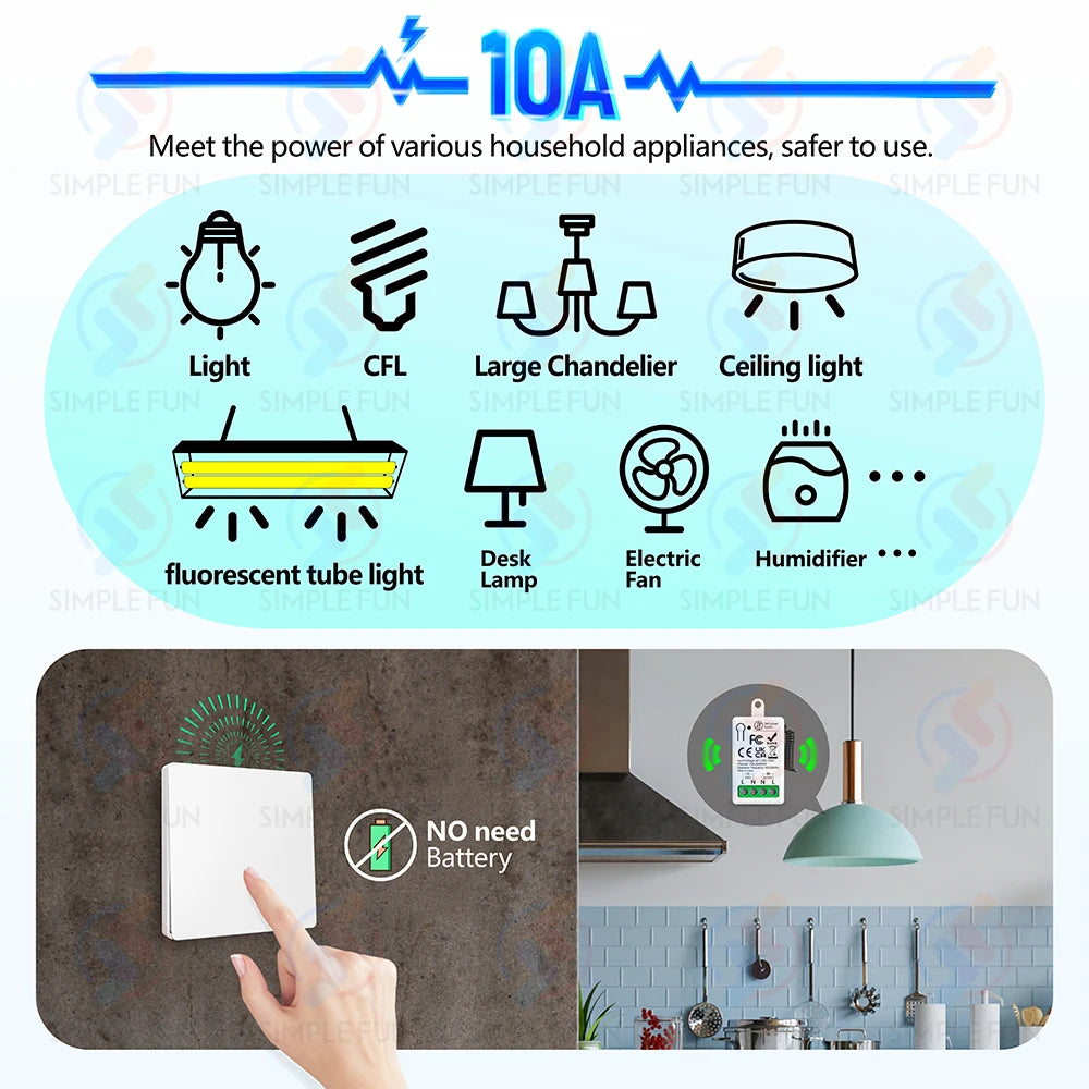 433MHz Self-Powered Wireless Light Switch – No Battery Remote, Waterproof Wall Panel (110V–250V)
