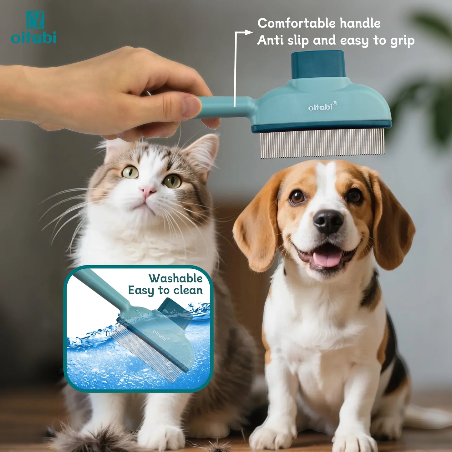 Pet Flea Comb for Dogs & Cats – Stainless Steel 57 Teeth Deshedding Grooming Brush with Self-Cleaning Button