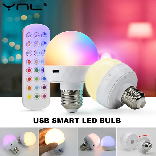 RGB LED Light Bulb with Remote – USB 5V Rechargeable Dimmable Lamp