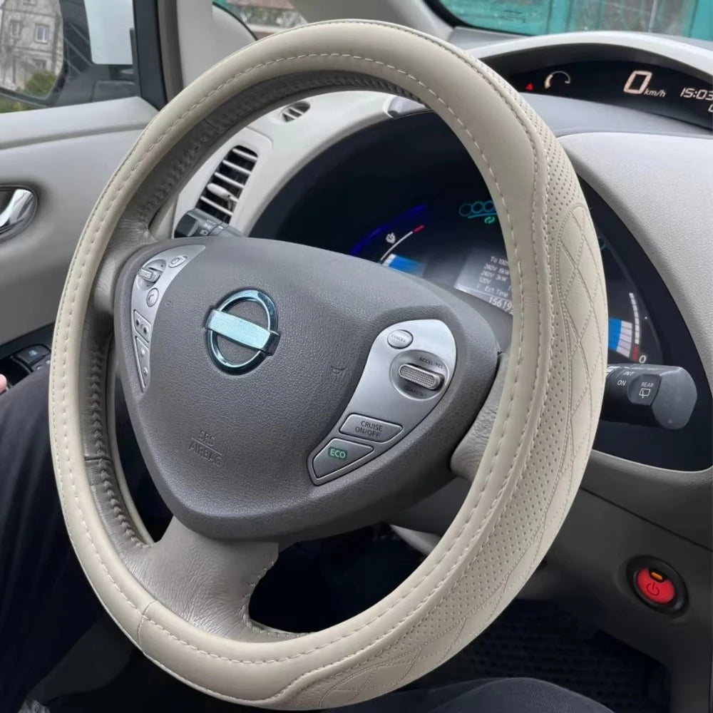 Embossed PU Leather Steering Wheel Cover – Non-Slip Breathable Universal 15 Inch (38cm) O & D Shape