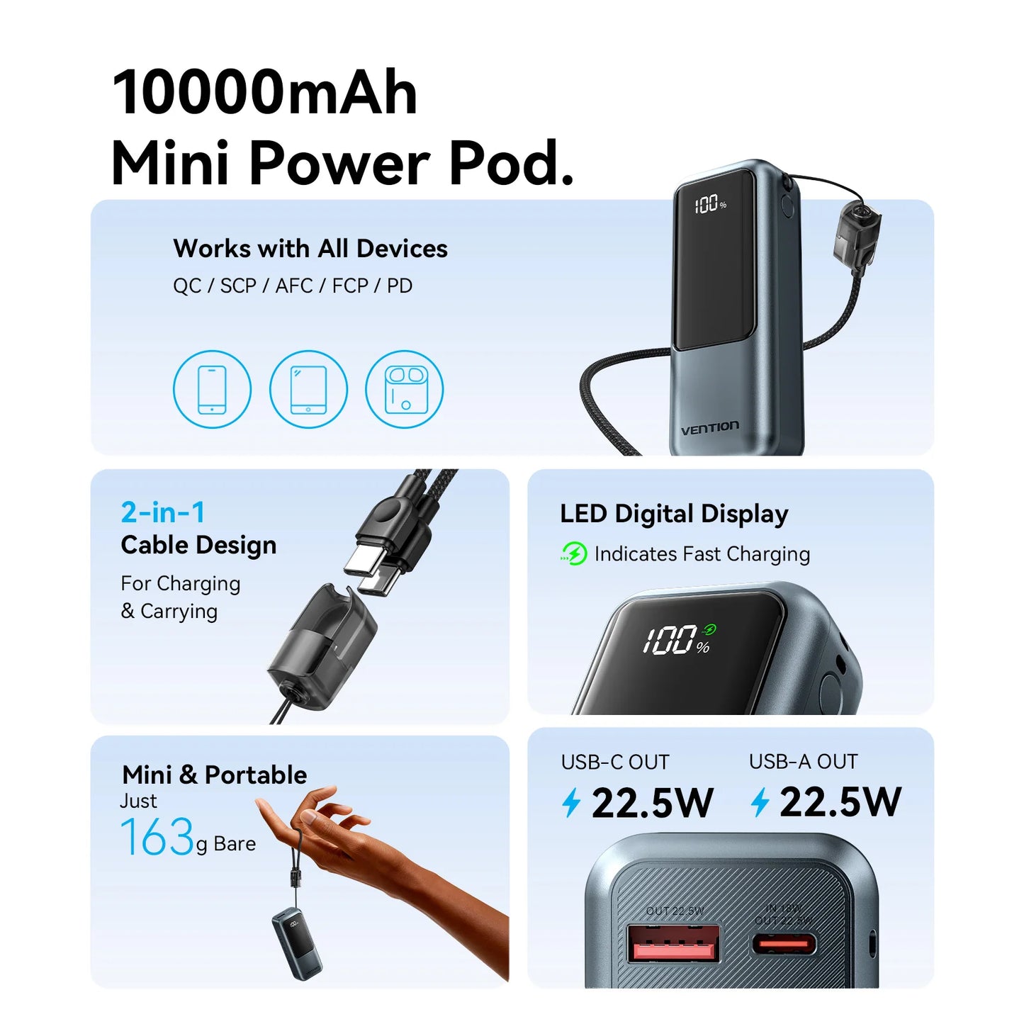 Vention 10,000mAh Mini Power Bank With Built-In USB-C Cable – 22.5W Fast Charger