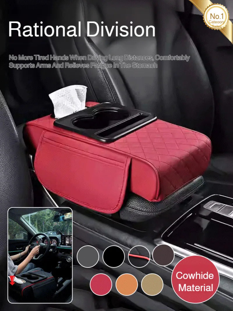 5-in-1 Car Armrest Organizer & Height Cushion – Tissue Box, Cup Holder & Storage Pocket