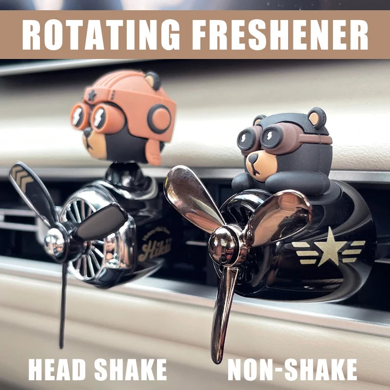 Pilot Bear Airplane Car Air Freshener – Rotating Propeller Vent Clip With Ocean Fragrance Tablet